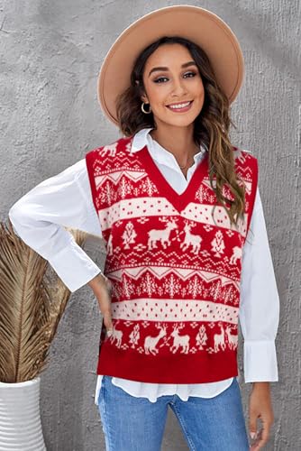 Image of JULYCLO Christmas Sweater Vest Women Ugly Xmas Reindeer Knit Sweaters Casual Santa Snowflake V Neck Sleeveless Outwear Tops