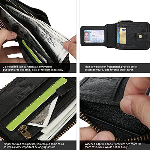 Image of MING CLAN Zipper Wallet RFID Blocking Leather Bifold - Men's Wallet With Zipper, Big Capacity, Black, M