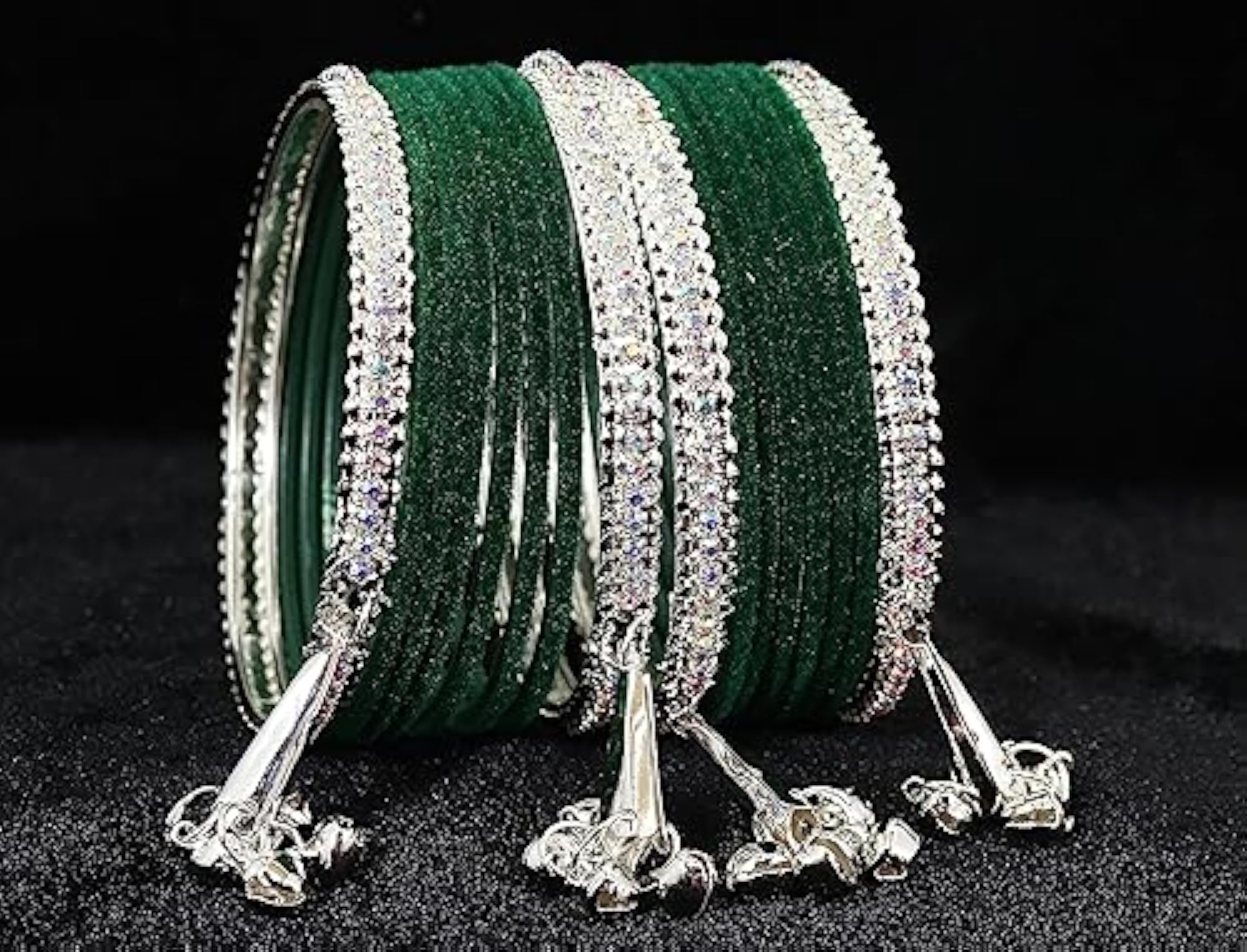Zircon Gemstone Metal Bangles Set With Velvet Studded Bells