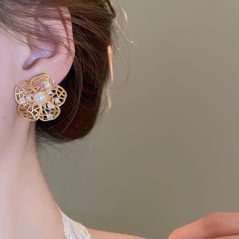 Kokoma Pearl and Crystal Flower Stud Earrings for Women, Gold Plated Cubic Zirconia Floral Statement Earrings Fashion Jewelry - Image 2