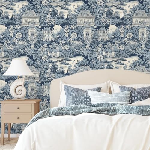 Image of Wallpaper Peel and Stick Vintage Flowers Pattern Design Textured Toile Wallpaper, French Country Estate Garden Scene, Blue and Cream, Floral Botanical with Manor Houses Decor16.5&87 inch
