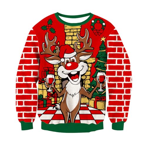 RAISEVERN Weihnachtspullover Herren Rentier Lustige Weihnachtsbaum Rot...