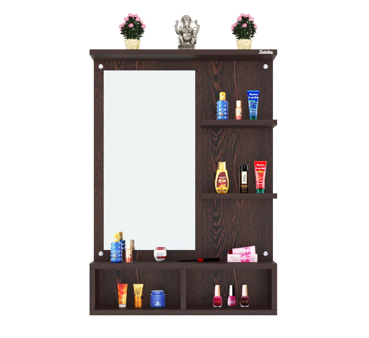 Wall Mounted Dressing Table with Mirror, Dark Brown Wood Finish, Storage Shelves, 55cm x 80cm-image-21