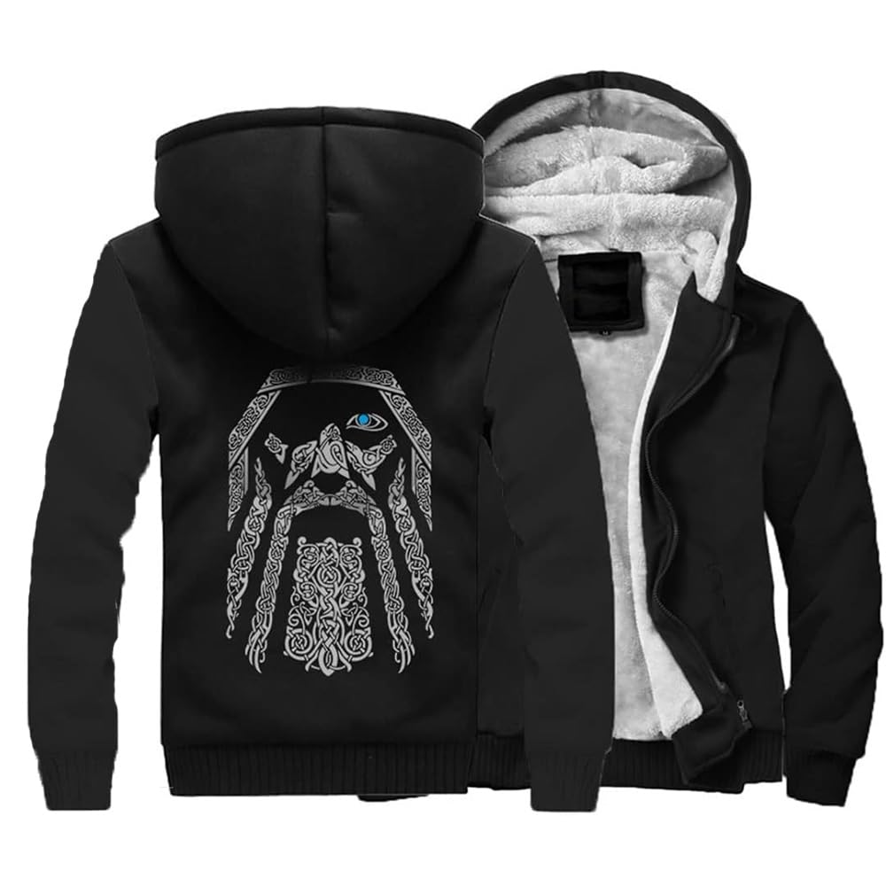Thick Viking Fleece Hoodies Warm Hooded Sweatshirt Athletic Hoodies For Men Novelty Hoodies Outdoor Zip Up Sweatshirt(Black,XXL)