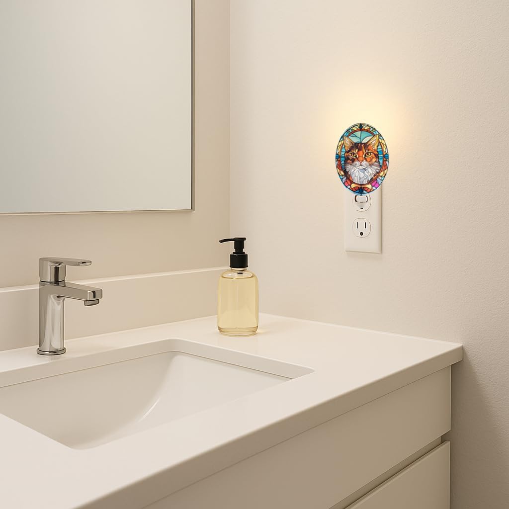 Stained Glass Styled Maine Coon Cat Night Light, Real Glass Plug-in Night Light with Vertical Outlet and On/Off Switch for Bedroom, Bathroom, Hallway, Home Decor