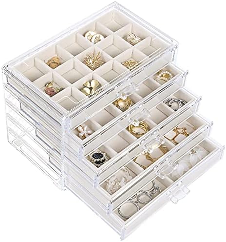 misaya Earring Jewelry Organizer with 5 Drawers, Birthday Gift, Clear Acrylic Jewelry Box for Women, Velvet Earring Display Holder for Earrings Ring Bracelet Necklace, Cream