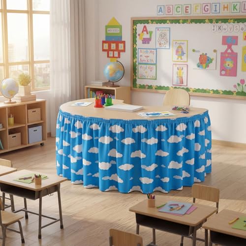Image of Oudain 9 ft Blue Sky White Clouds Table Skirt Cloths for Teacher Desk Cartoon Wrinkle Blue Sky White Clouds Table Cover Skirt for Kindergarten Classroom Kidney Shaped Desk Back to School Supplies