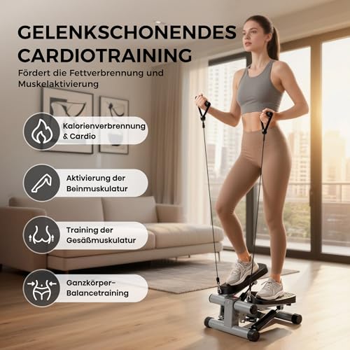 Niceday Mini Stepper für Zuhause, 2-in-1 Up-Down Stepper mit Power Ropes – Leiser Trainer bis 100kg für effektives Bein/Arm/Po Training, Widerstand einstellbar – Platzsparendes Home Fitnessgerät