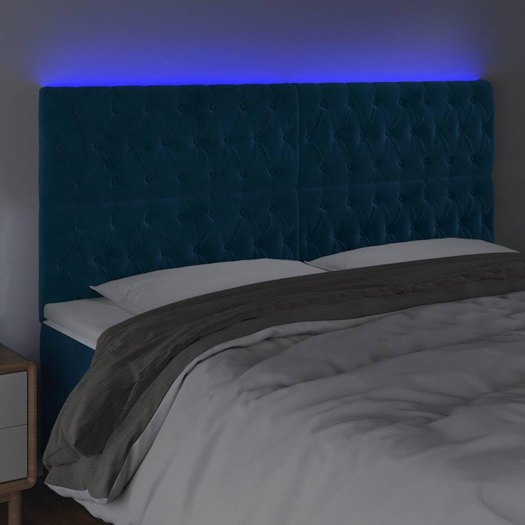 Cabecero de cama LED azul oscuro, 180 x 7 x 118/128 cm, terciopelo, altura regulable, tiras LED recortables, diseño moderno y cómodo respaldo para dormitorio juvenil