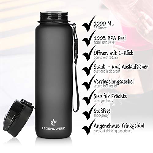 Legendwerk® 1L "LegendBottle" + Fruitzeef - BPA-vrij gemaakt van Tritan, Waterfles voor Sport, Fitness, Fietsen, Universiteit, Wandelen, Joggen, Kamperen - Licht, Duurzaam (zwart) - Image 3