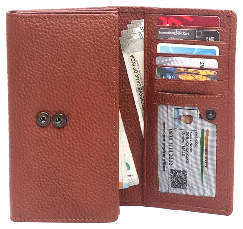 Image of WildHorn Women's Genuine Leather RFID Blocking Wallet | Tri-Fold High-Capacity Ladies Purse with Card Slots, Zipper Coin Pocket & Snap Closure | Ideal Gift for Women (Tan)