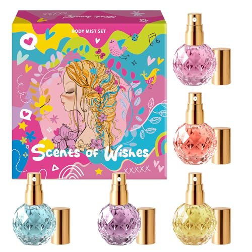 Coffret de Brumes pour le Corps Filles Scents of Wishes – 5 Flacons en Verre en Forme de Diamant avec Finition Dorée; 5 Parfums Exquis : Fruits Rouges,...