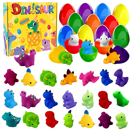 JOICEE 24pcs Dinosaur Squishy Toy Prefilled Easter Eggs, Kawaii Mochi Squishies Stress Relief Toys Filled Plastic Easter Eggs for Easter Basket Stuffers Party Favor Egg Hunt for Kids