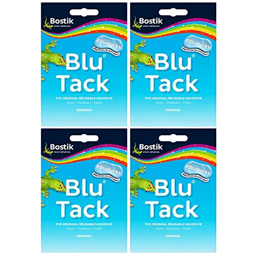 Adhesive BLU TACK Original Bostik Reusable Sticky Blue Home School Office Walls Hacks NO Marks Safe Craft Art Clean Handy Alternative to Pins & Tape DIY Strong Hold Stretching (4 x Packs BLU TACK)