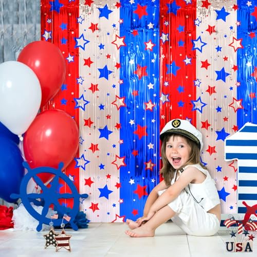 Image of LOLStar 4th of July Decorations, 3 Pack Red White Blue Backdrop Decorations | 3.3x6.6ft Star Pattern Tinsel Foil Fringe Curtains, Photo Booth Props Backdrop for Memorial Day, Patriotic, USA Party Decor