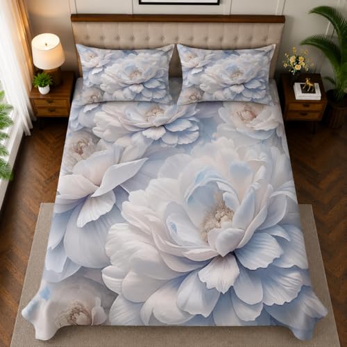 Image of 7D Digital Printed King Size Bedsheet with 2 Pillow Covers | Soft Premium Cotton Feel Microfiber Double Bed Bedsheet | Wrinkle Free & Fade Resistant | (WhiteFloral, KingSize-225x250CM)