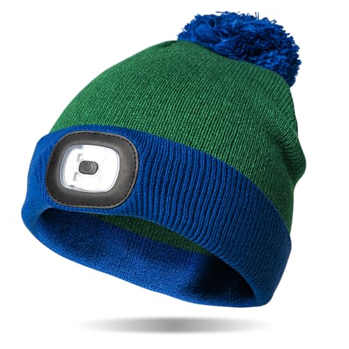 Kids LED Rechargeable Knit Beanie Head Lamp Pom Pom Hat for Boys and Girls