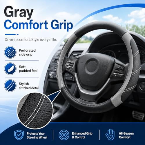 Image of Elantrip Sport Leather Steering Wheel Cover 14 1 /2 inch to 15 inch Universal, Padded Soft Grip Breathable for Car Truck SUV Jeep, Anti Slip Odorless Black and Gray