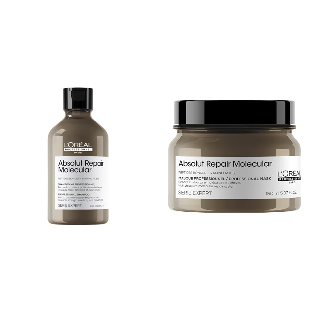 L'Oréal Professionel, Champú Sin Sulfatos y Mascarilla Concentrada, Para Cabello Seco y Dañado, Repara y Fortalece a Nivel Molecular, Absolut Repair Molecular, 300ml + 150ml