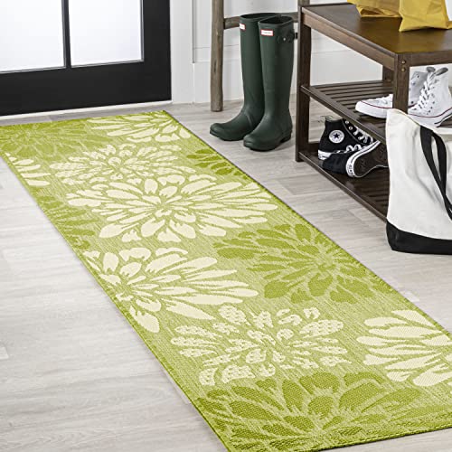 Jonathan Y Smb110H-210 Zinnia Modern Floral Textured Weave Indoor Outdoor Area-Rug, Country Coastal Transitional Easy-Cleaning,Bedroom,Kitchen,Backyard,Patio,Non Shedding, 2 X 10, Green/Cream #TOP28