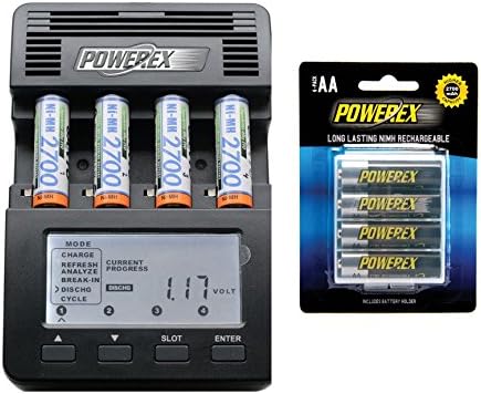 Powerex MH-C9000 WizardOne Charger-Analyzer for 4 AA/AAA NiMH/NiCD Batteries Bundle with 4-Pack AA Batteries