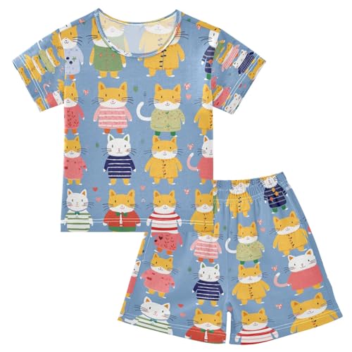 Cat Kids Pjs Set Boys Girls Summer Short-Sleeve Sleepwear Pajamas 2PCS