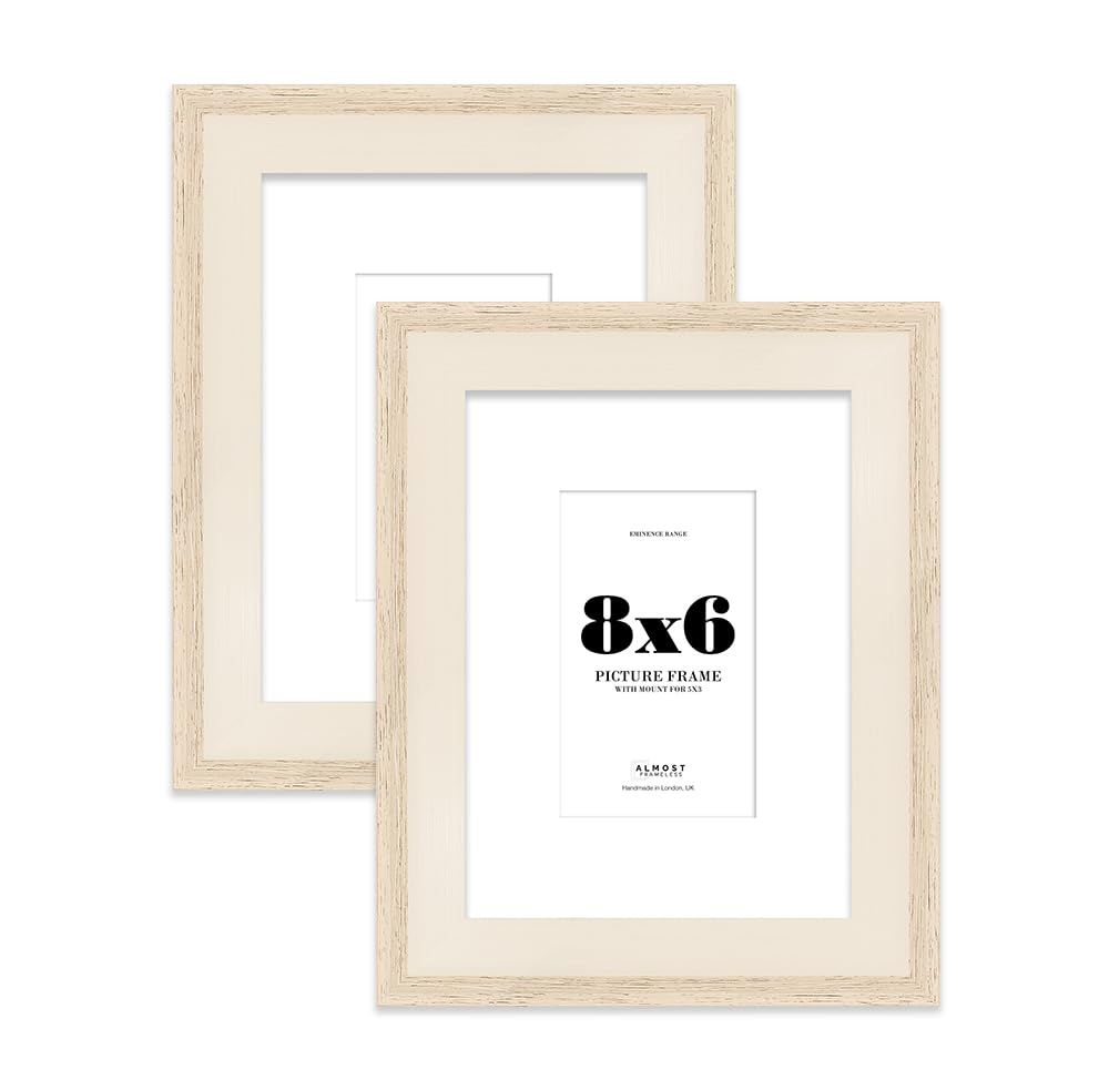 8x6" Oak Picture Frame with 5x3" Mount - Shabby Chic Photo Frame with Distressed Finish, Wall Hooks and Kickstand, 32mm Edge - 2 Pack