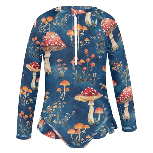 Red Mushrooms Coprinopsis Atramentaria Royal Blue Girls Long Sleeve 1 Piecing Sun Protection Swimwear Bathing Suits for Kids 7-8T2