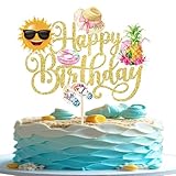 1 PCS Summer Beach Happy Birthday Cake Topper Sun Flip-Flops Pineapple Flatator Hat Cake Pick Pool Party Cake Decorations for Tropical Hawaii Luau Theme Baby Shower Birthday Party Supplies Gold