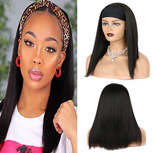 SHUOHAN 16 Inch Long Straight Wigs Light Black Headband Wigs for Women Synthetic Hair Headband Wig (4#)