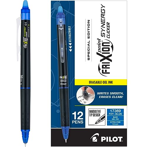 Pilot FriXion Synergy Clicker Erasable, Refillable, Retractable Gel Ink Pens, Extra Fine Point 0.5 mm, Pack of 12, Blue, FriXion Erasable Pens 0.5 - Ideal for School & Office Writing