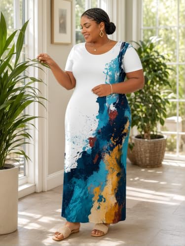 Image of PinkPatty Plus Size Dress for Women Casual Crew Neck Short Sleeve Maxi Dress Oversized Summer Beach Dresses with Pockets
