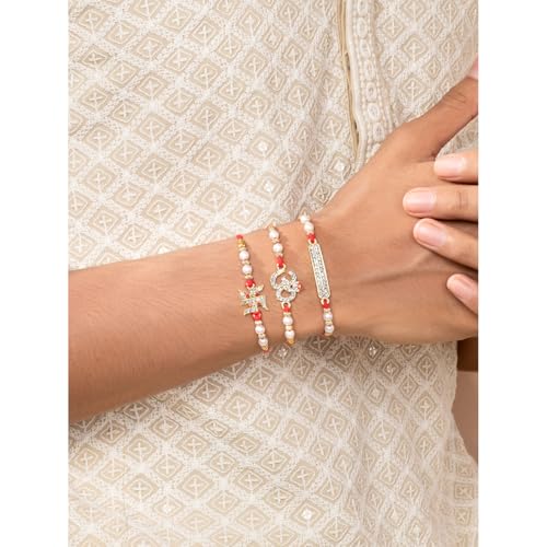Image of Peora Om Shree Ram Swastik Rakhi for Brother Bhaiya | Crystal & Beads Studded | Red Thread | Raksha Bandhan Hamper with Roli Chawal Greeting Card