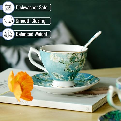 Image of BTaT- Tea Cups and Saucers, Set of 6 with Spoon, 8 oz, Fine Porcelain Teacup Set with Gold Trim for Afternoon Tea, Weddings, Parties & Gifting, Dishwasher Safe, Lightweight, Non-Toxic