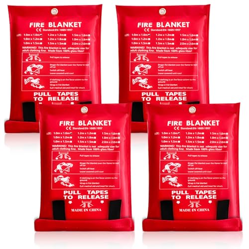 PRITOK Couverture anti-feu 100 x 100 cm : 4 pièces, couverture anti-incendie en fibres de verre, couverture anti-incendie pour les personnes, protection difficilement inflammable et isolation