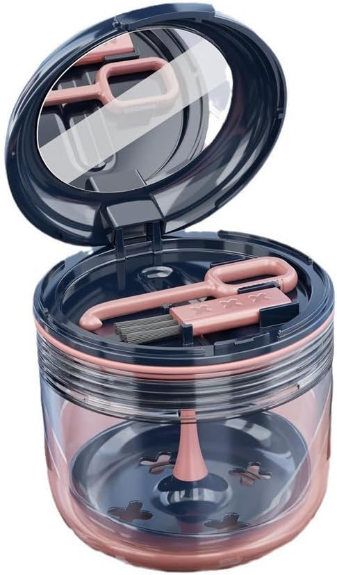 HANNEA® Denture Bath Case, Denture Holder Box Bath Soaking Container with Mirror, Strainer and Denture Brush, No-Leak Double Layer Separation Denture Bath Box for Travel Cleaning, Royal Blue