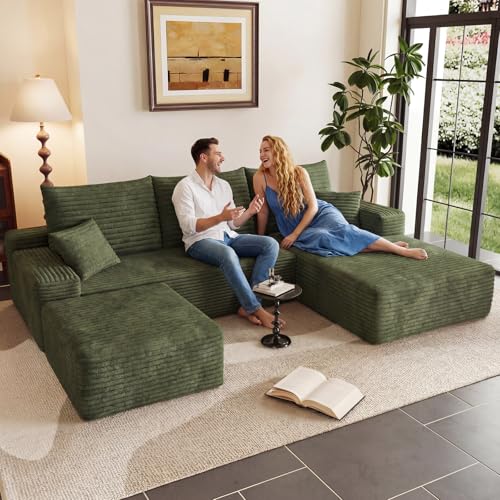 Image of 95 inch U-Shape Cloud Couch, Modern Modular Sectional L-Shape Sofa with Ottoman, Corduroy Upholstered Couches Deep Seat Sleeper Chaise Longue for Living Room, No Assembly Required(Green, Right Facing)