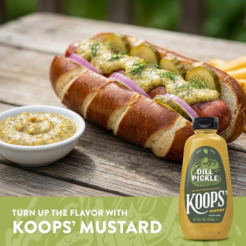 Image of Koops' Dill Pickle Mustard - Dill Mustard Spread, Flavored Condiment and Dip for Dressing, Sandwich, Burger, Pretzel, & More, Made in the USA - 12 oz Bottle (Pack of 4)