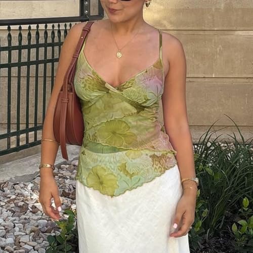 Women Floral Tank Top Y2k Spaghetti Strap Ruffle Summer Going Out Tops3