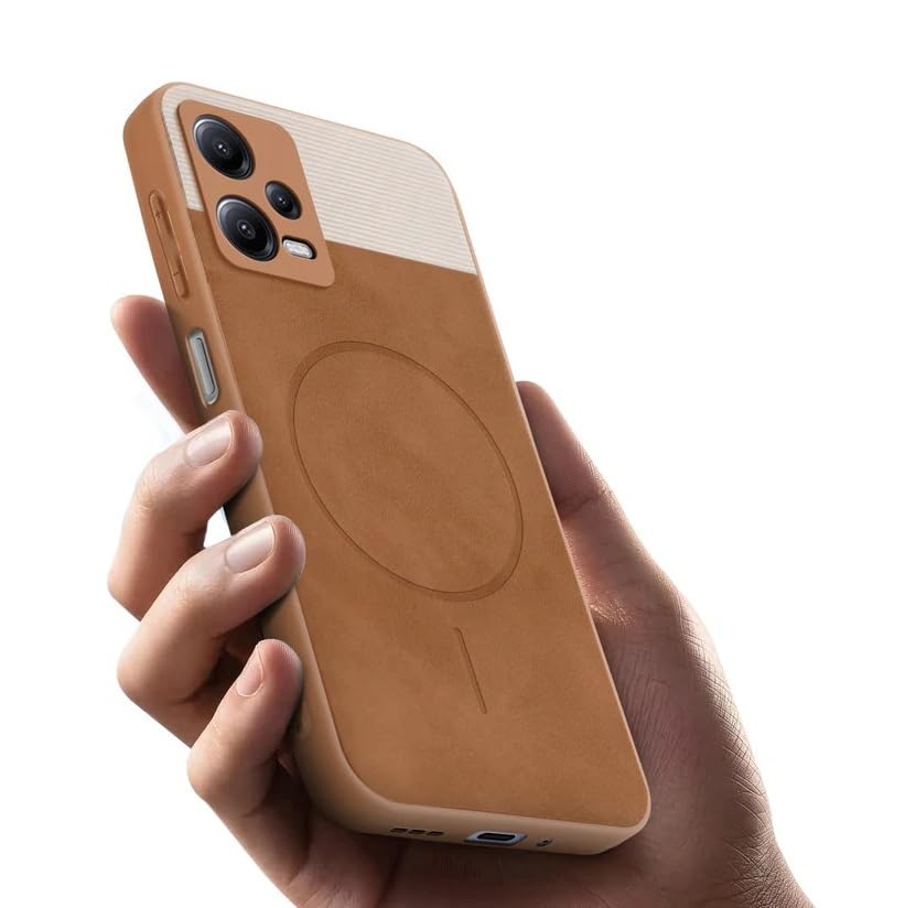 Image of Bintage CASE Mac Safe Design Hard Light Weight Back Case | Soft Border Camera Protect | Dual PU Leather Finish Back Cover Compatible for Redmi Note 12 5G - White & Brown