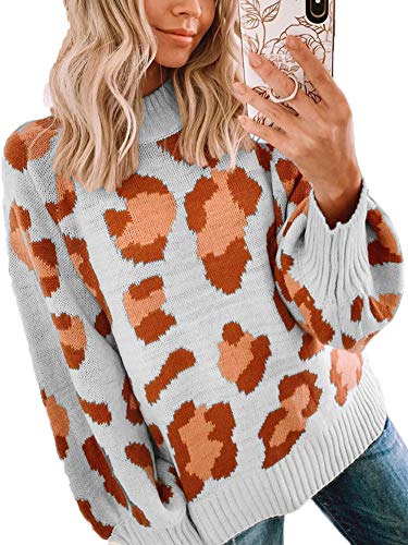 Angashion Women's Sweaters Casual Oversized Leopard Printed Crew Neck Long Sleeve Knitted Pullover Tops for Winter Gray XL