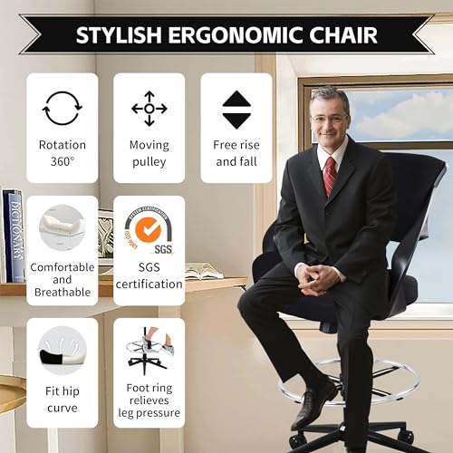 Image of Ergonomic Drafting Chair,Standing Computer Desk Chair,Foot Ring,Lumbar Support,Swivel Task Chair-Black