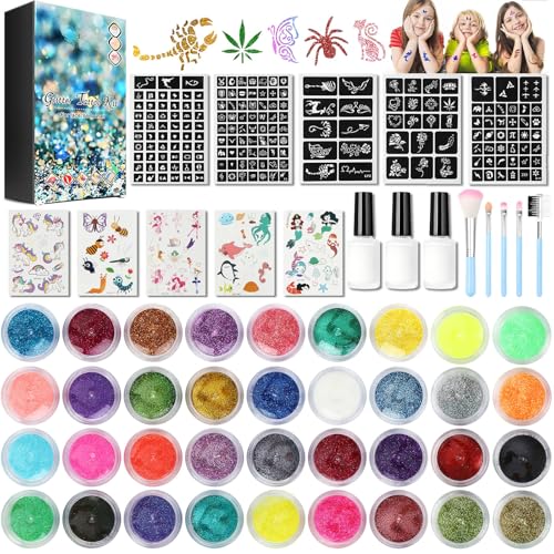 Kit de Tatouage à Paillettes Enfant 36 Couleurs Kit Tatouage Paillettes Enfant Filles 200 Pochoir...