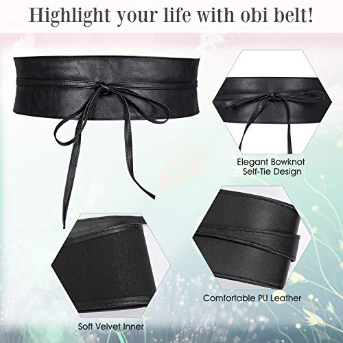 WERFORU Women Obi Belt PU Leather Self Tie Wrap Wide Halloween Waistband Boho Belt for Costumes,Black, Suit for Waist Size 39-43 Inches - Thumbnail 2
