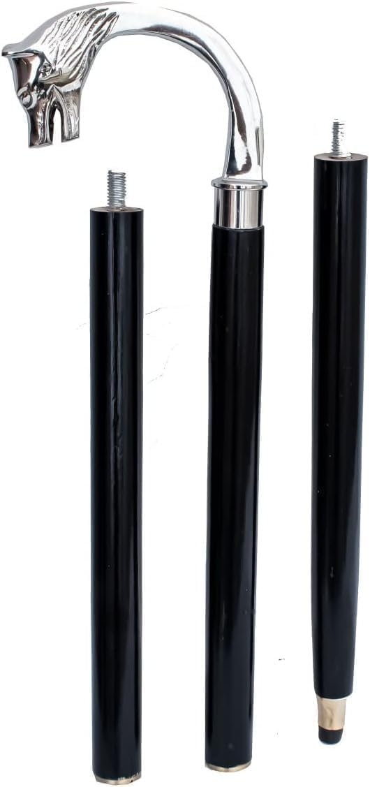 Wooden Brass Walking Stick with Black Shaft and Silver Handle - Ideal Halloween Costume Canes for Women, Men, and Seniors - Dark Shadow Vampire Stylish Antique Dracula Cane