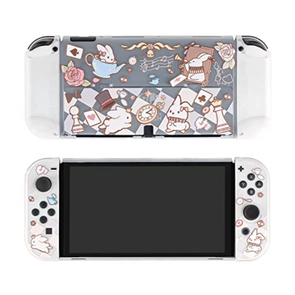 ENFILY Cute Rabbit Cartoon Alice Case Compatible with Nintendo Switch OLED, Dockable Case Cover, Ergonomic Soft TPU Grip Case for Joycon, Sparkle Skin Set