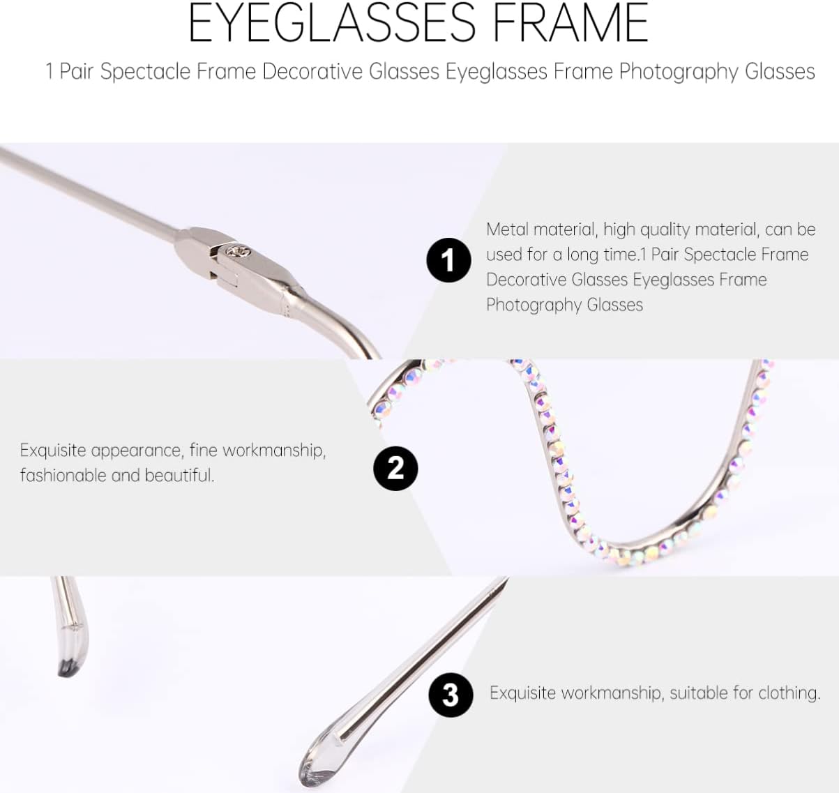 TENDYCOCO Diamond No Lens Glasses Frame Half Frame Rhinestone Squiggly Metal Eyewear for Women Fashion Accessories 6.22X5.51 Inches - Image 6