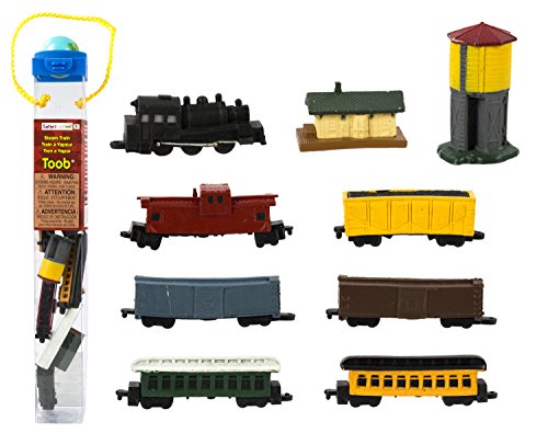 Safari Ltd Steam Train TOOB With 10 Connectable Hand Painted Figurines, Including Steam Engine, Log Car, (2) Passenger Cars, (3) Box Cars, a Caboose, Water Tower and Train Station.