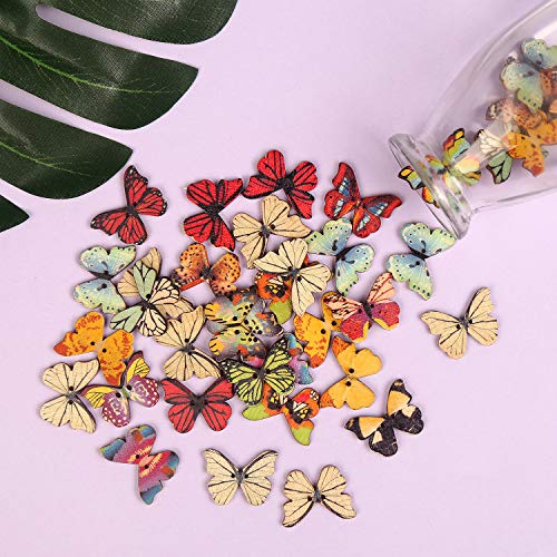 Fingooo 100 Pcs Butterfly Wooden Buttons,1 Inch Colorful 2 Holes Mixed Decorative Buttons For Diy Sewing&Wood Craft Clothes Accessories #TOP4