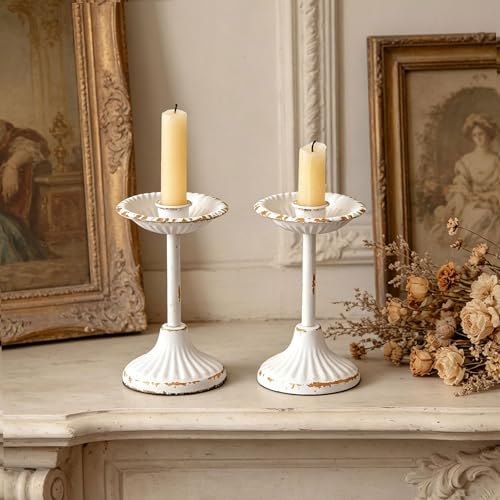 SOFE Vintage White Tapered Candle Holders, Farmhouse Metal Candle Stands, Distressed Finish with Gold Undertones, Floral Theme Tabletop Decor, Set of 2, 6 Inches Tall